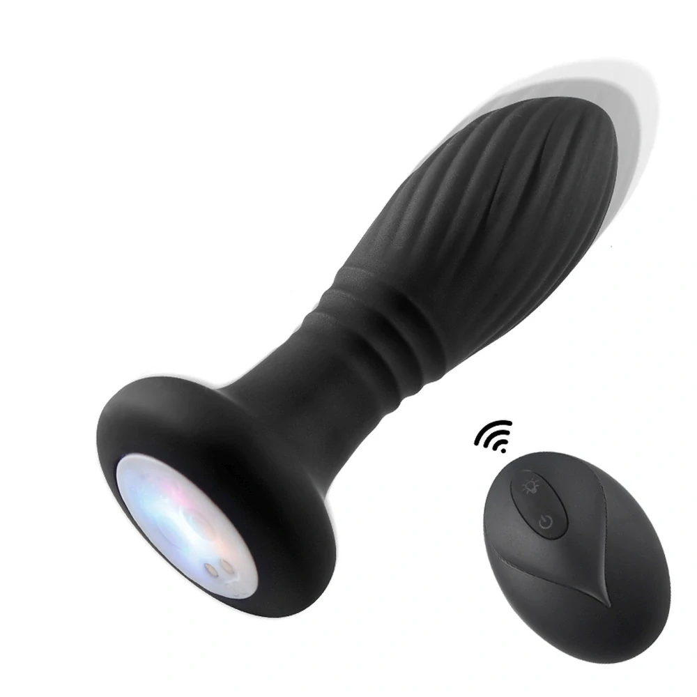 B-Series přirážecí anální kolík s vibracemi, LED a ovladačem 12 cm